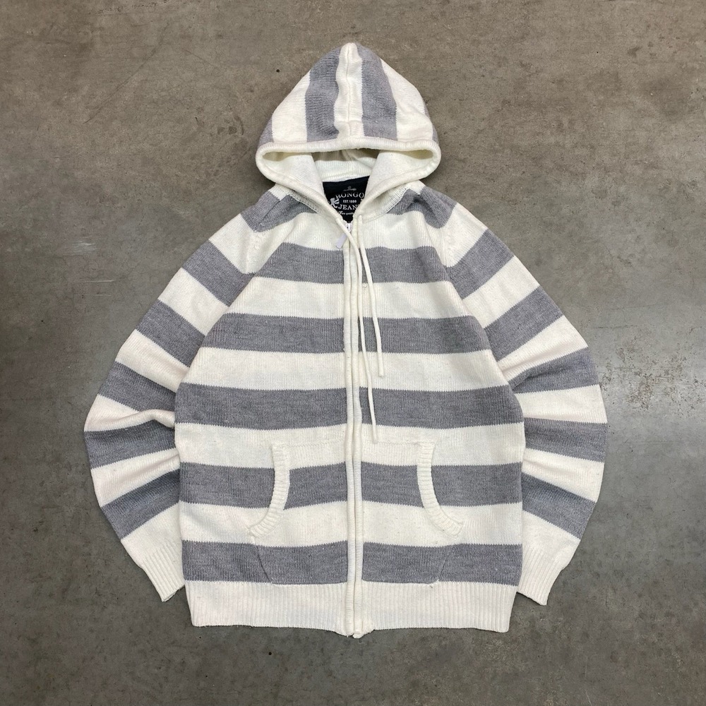 Bongo Jeans Striped Knit Zip Hoodie White Grey Womens Large
